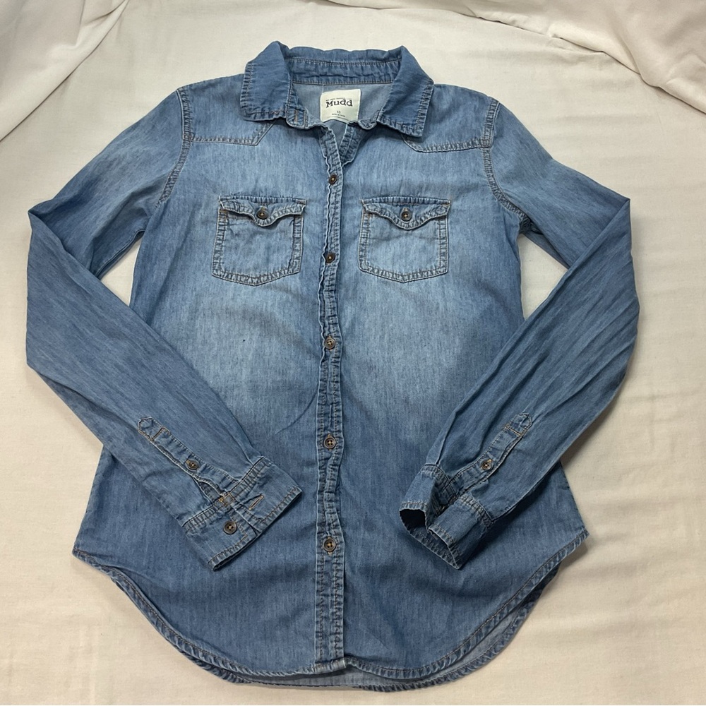 Mudd Women's Denim Long Sleeve Denim Shirt, Size XS, Casual Button Down Fall